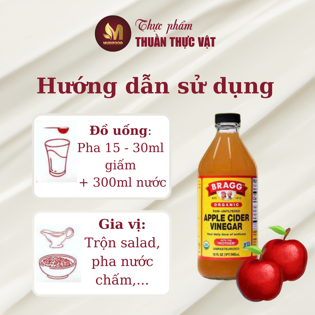 Giấm Táo Hữu Cơ Bragg Organic Mỹ Chai 473ml – Có Giấm Cái Hỗ Trợ Giảm Cân, Detox Cơ Thể (GV)