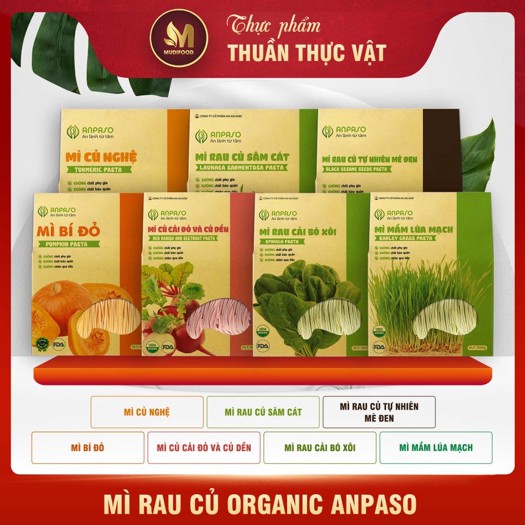 Mì Rau Củ Organic Anpaso - Thực Phẩm Bổ Sung Dinh Dưỡng Cho Cả Gia Đình, Người Ăn Chay, Ăn Kiêng, Giảm Cân, Eat Clean, Healthy (Bún, Phở, Gạo, Mì, Nui)