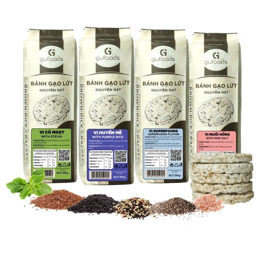 Combo 4 Gói Mix Các Vị Huyền Mễ, Cỏ Ngọt, Muối Hồng, Superfoods, Nguyên Bản  - Bánh Gạo Lứt Ăn Kiêng GUfoods 170g - Thực Phẩm Bổ Sung Dinh Dưỡng Cho Người Tiểu Đường, Ăn Kiêng, Giảm Cân, Tập Gym, Eat Clean, Hàm Lượng Chất Xơ Cao (Bánh, Snack, Hạt Và Trà)