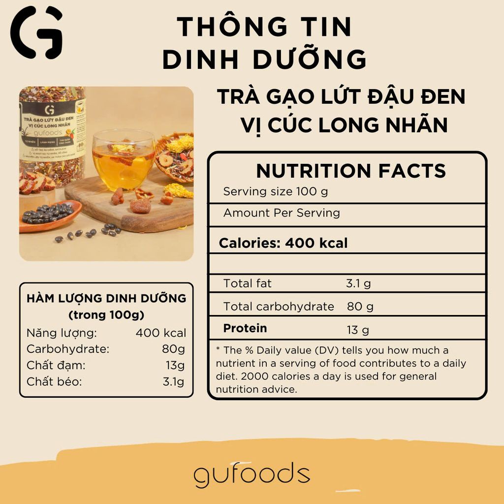 [Vị Cúc Long Nhãn] - Trà Gạo Lứt Đậu Đen GUfoods 500g - Thanh Nhiệt, Mát Gan, Cải Thiện Giấc Ngủ, Tốt Cho Tim Mạch, Giảm Cân, Eatclean, Healthy (Trà)