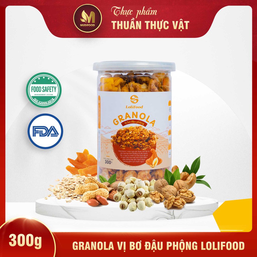 Granola Vị Bơ Đậu Phộng/ Socola Lolifood 300g - Ăn sáng, Ăn nhẹ, Ăn vặt, Bổ sung dinh dưỡng, Giảm cân (Granola, Hạt)