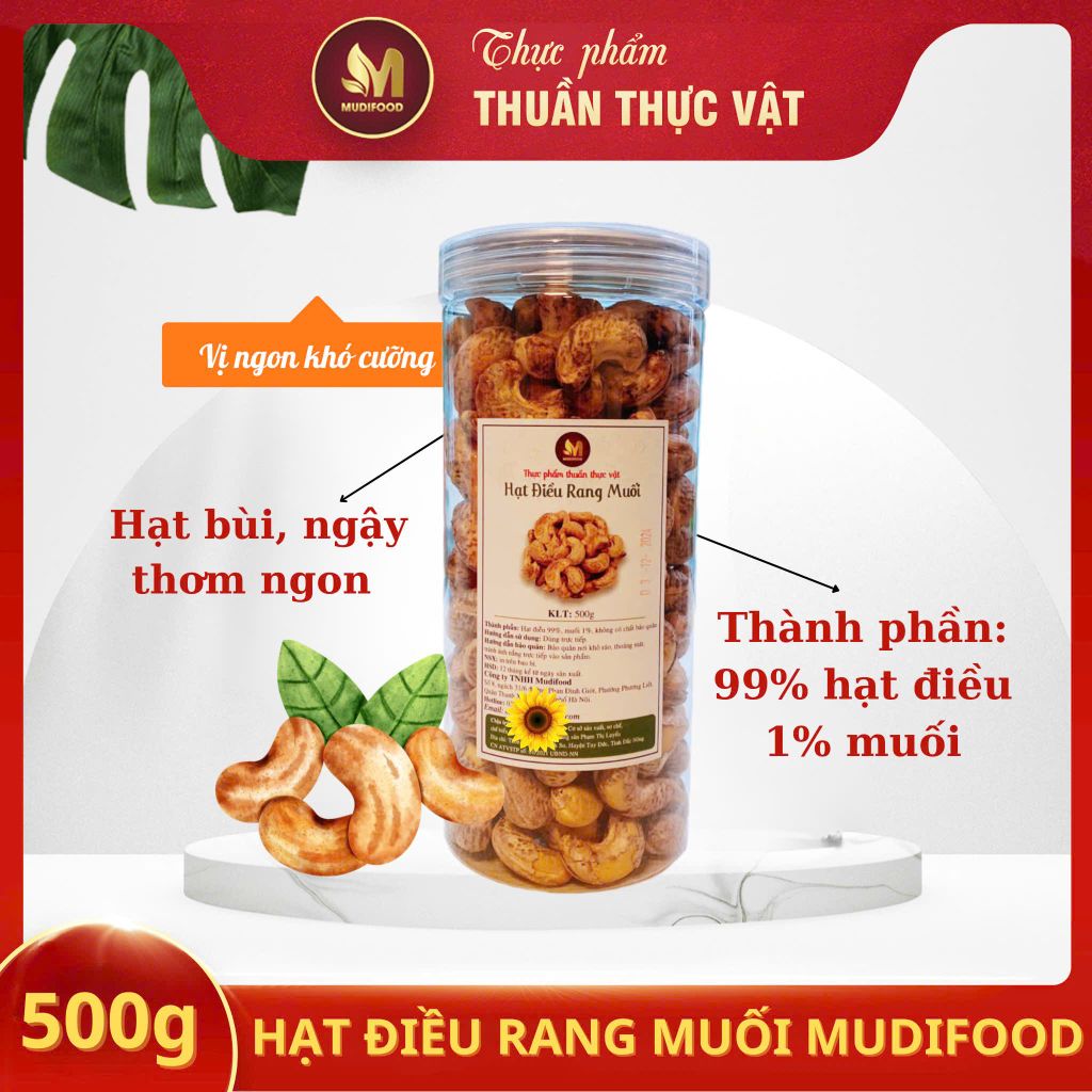 Hạt Điều Rang Muối Mudifood 500g - Thực Phẩm Bổ Sung Dinh Dưỡng Cho Mẹ Bầu, Sau Sinh, Người Ăn Chay, Ăn Kiêng, Giảm Cân, Eat Clean, Hàm Lượng Giàu Protein Và Chất Xơ (Bánh Và Snack Healthy)