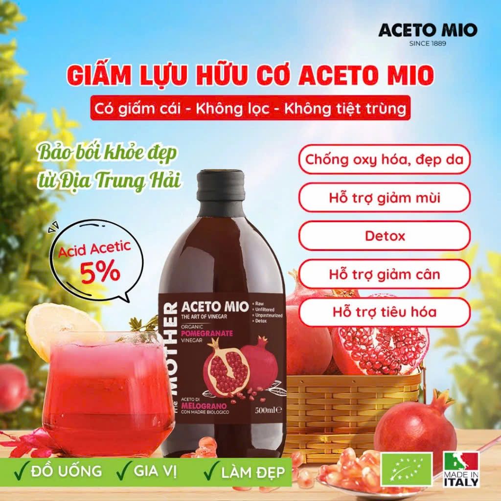 Giấm Lựu Hữu Cơ Aceto Mio (Có Giấm Cái) Chai 500ml, Hỗ Trợ Detox Cơ Thể, Tốt Cho Sức Khỏe (GV)