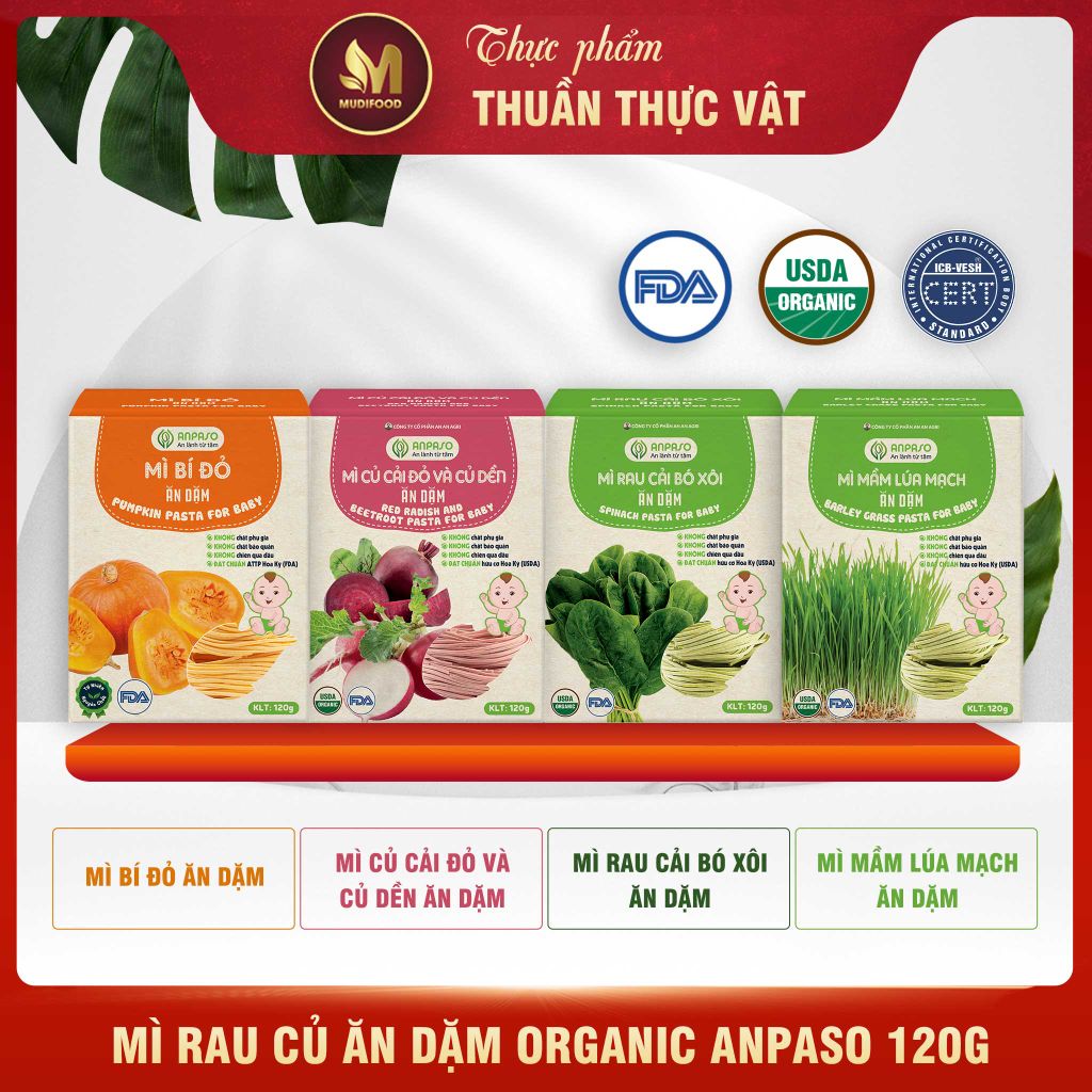 Mì Ăn Dặm Cho Bé Từ 6 Tháng Tuổi - Mì Rau Củ Organic Anpaso,  Thực Phẩm Bổ Sung Dinh Dưỡng Chất Xơ, Vitamin K và Canxi cao (Bún, Phở, Gạo, Mì, Nui)