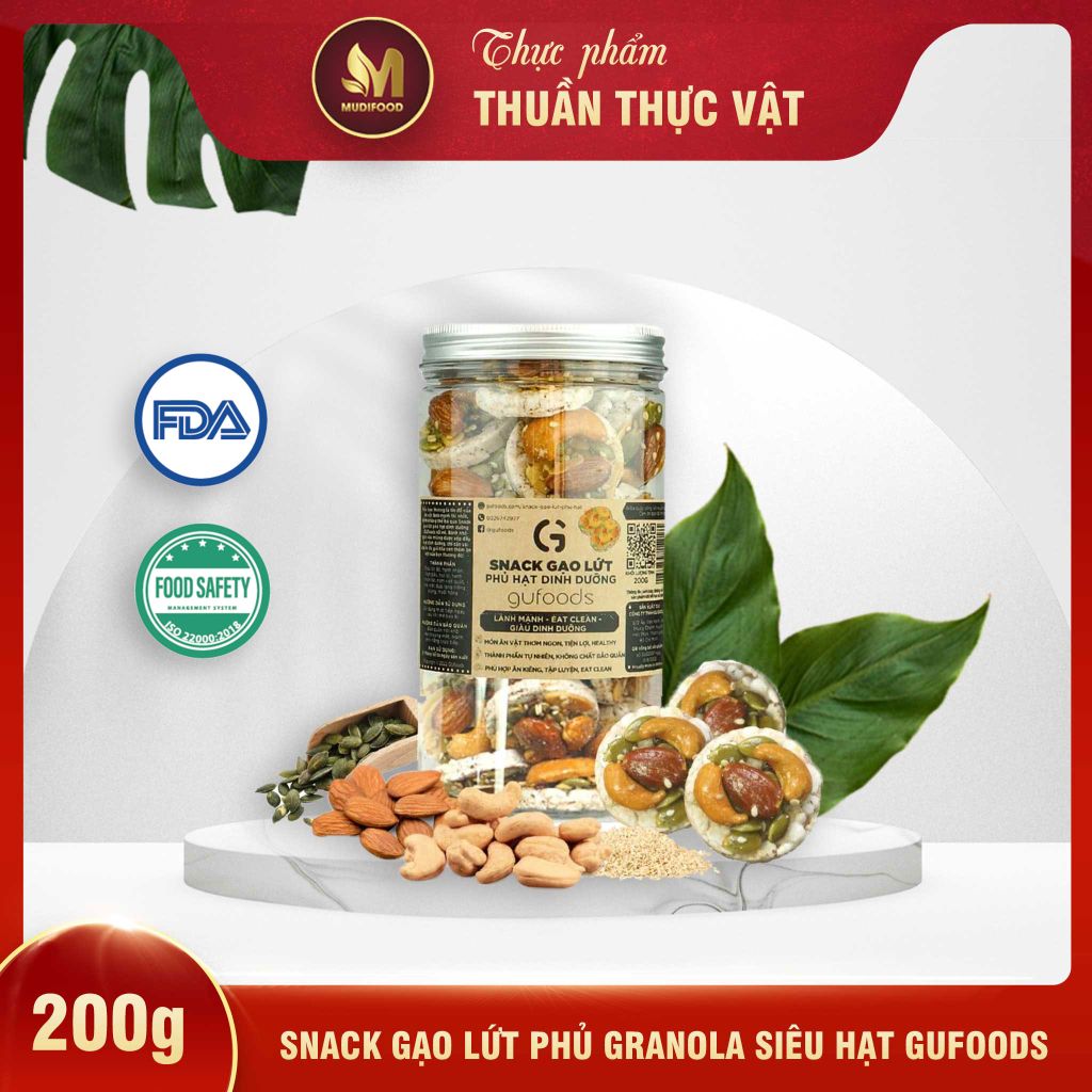 Snack Gạo Lứt Phủ Granola Siêu Hạt GUfoods 200g -Thực Phẩm Bổ Sung Dinh Dưỡng Cho Mẹ Bầu, Sau Sinh, Người Ăn Chay, Ăn Kiêng, Giảm Cân, Eat Clean, Tập Gym, Hàm Lượng Giàu Protein, Omega 3 Và Chất Xơ (Bánh Và Snack Healthy)