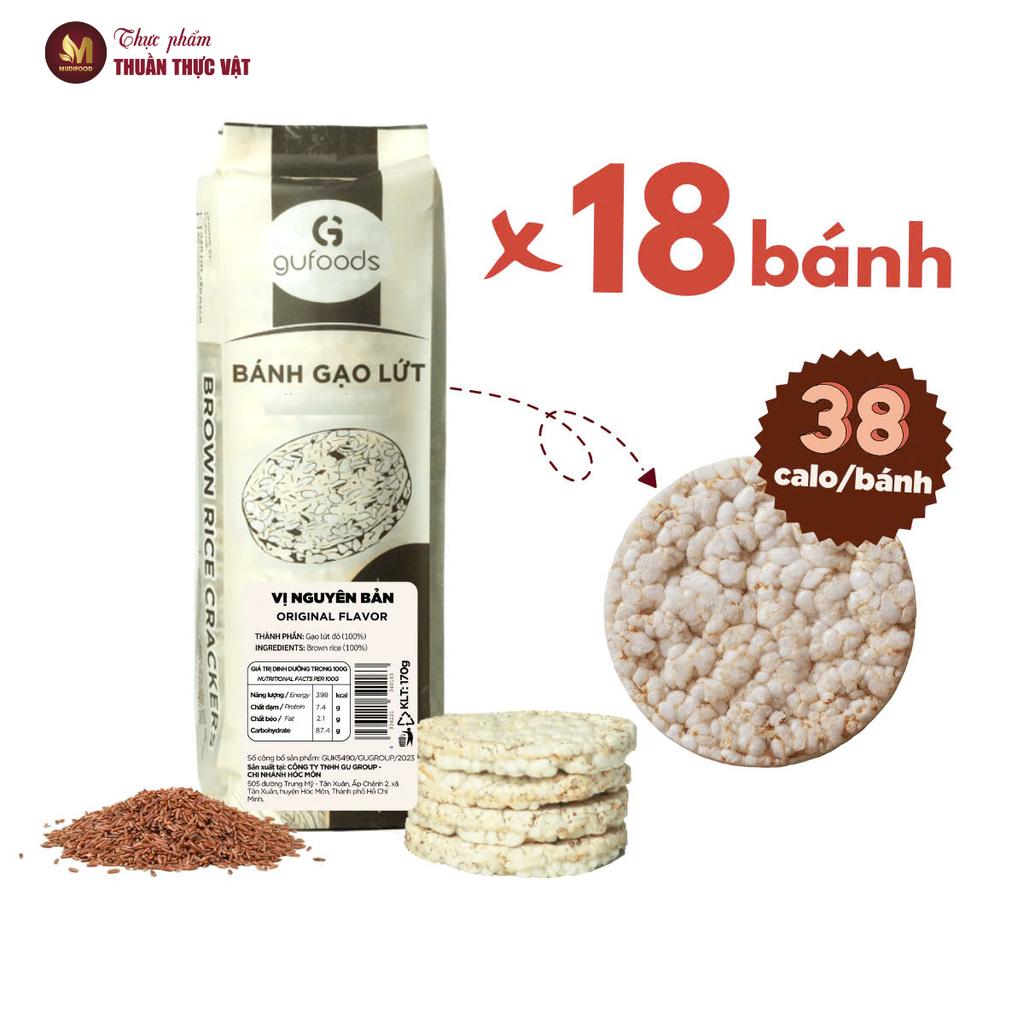 [Vị Nguyên Bản] - Bánh Gạo Lứt GUfoods 170g - Thực Phẩm Bổ Sung Dinh Dưỡng Cho Mẹ Bầu, Sau Sinh, Người Ăn Chay, Ăn Kiêng, Giảm Cân, Tập Gym, Eat Clean, Hàm Lượng Giàu Protein Và Chất Xơ (Bánh Và Snack Healthy)