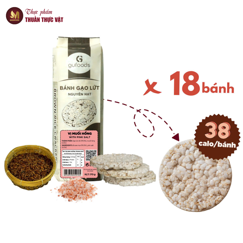[Vị Muối Hồng] - Bánh Gạo Lứt Ăn Kiêng GUfoods 170g - Thực Phẩm Bổ Sung Dinh Dưỡng Cho Người Tiểu Đường, Người Ăn Chay, Ăn Kiêng, Giảm Cân, Tập Gym, Eat Clean, Hàm Lượng Chất Xơ Cao (Bánh Và Snack Healthy)