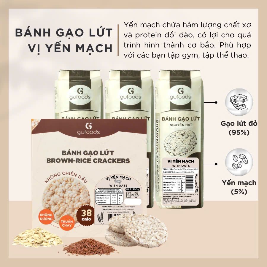 [Vị Yến Mạch] - Bánh Gạo Lứt Ăn Kiêng GUfoods 170g - Thực Phẩm Bổ Sung Dinh Dưỡng Cho Người Tiểu Đường, Người Ăn Chay, Ăn Kiêng, Giảm Cân, Tập Gym, Eat Clean, Hàm Lượng Chất Xơ Cao (Bánh Và Snack Healthy)