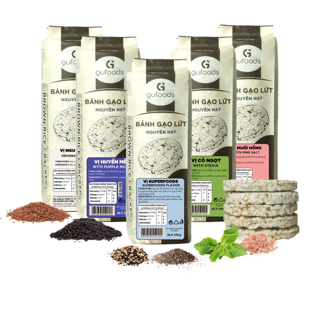 Combo 5 Gói Mix Các Vị Huyền Mễ, Cỏ Ngọt, Muối Hồng, Superfoods, Nguyên Bản - Bánh Gạo Lứt Ăn Kiêng GUfoods 170g - Thực Phẩm Bổ Sung Dinh Dưỡng Cho Người Tiểu Đường, Ăn Kiêng, Giảm Cân, Tập Gym, Eat Clean, Hàm Lượng Chất Xơ Cao (Bánh, Snack, Hạt Và Trà)