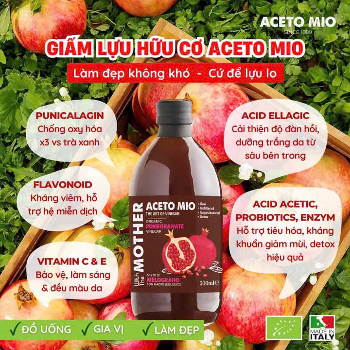 Giấm Lựu Hữu Cơ Aceto Mio (Có Giấm Cái) Chai 500ml, Hỗ Trợ Detox Cơ Thể, Tốt Cho Sức Khỏe (GV)