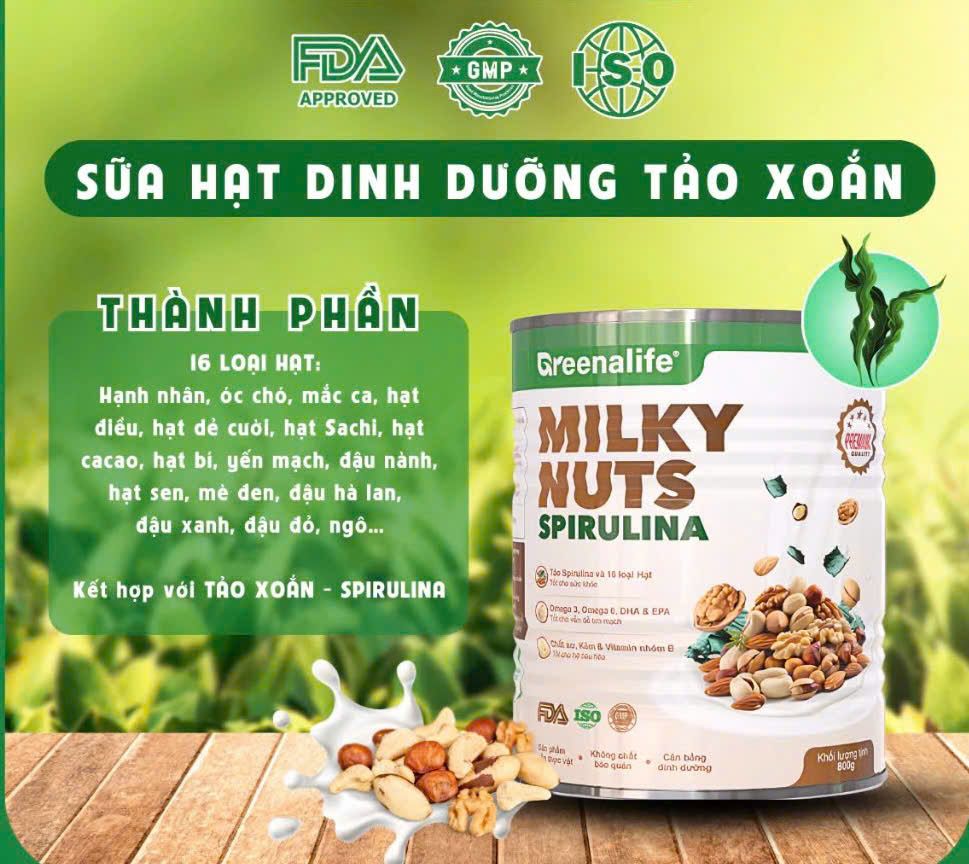 Sữa Hạt Tảo Xoắn Greenalife Milky Nuts Spirulina - Lợi Sữa Cho Mẹ Bầu, Sau Sinh, Dinh Dưỡng Cho Người Tiểu Đường, Người Già, Ăn chay, Ăn Kiêng, Giảm Cân, Eat Clean, Healthy (SH)