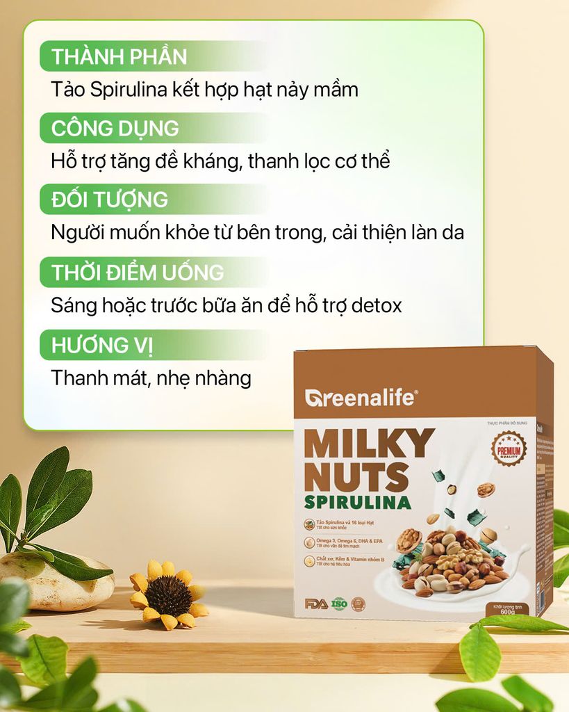Sữa Hạt Tảo Xoắn Greenalife Milky Nuts Spirulina - Lợi Sữa Cho Mẹ Bầu, Sau Sinh, Dinh Dưỡng Cho Người Tiểu Đường, Người Già, Ăn chay, Ăn Kiêng, Giảm Cân, Eat Clean, Healthy (SH)