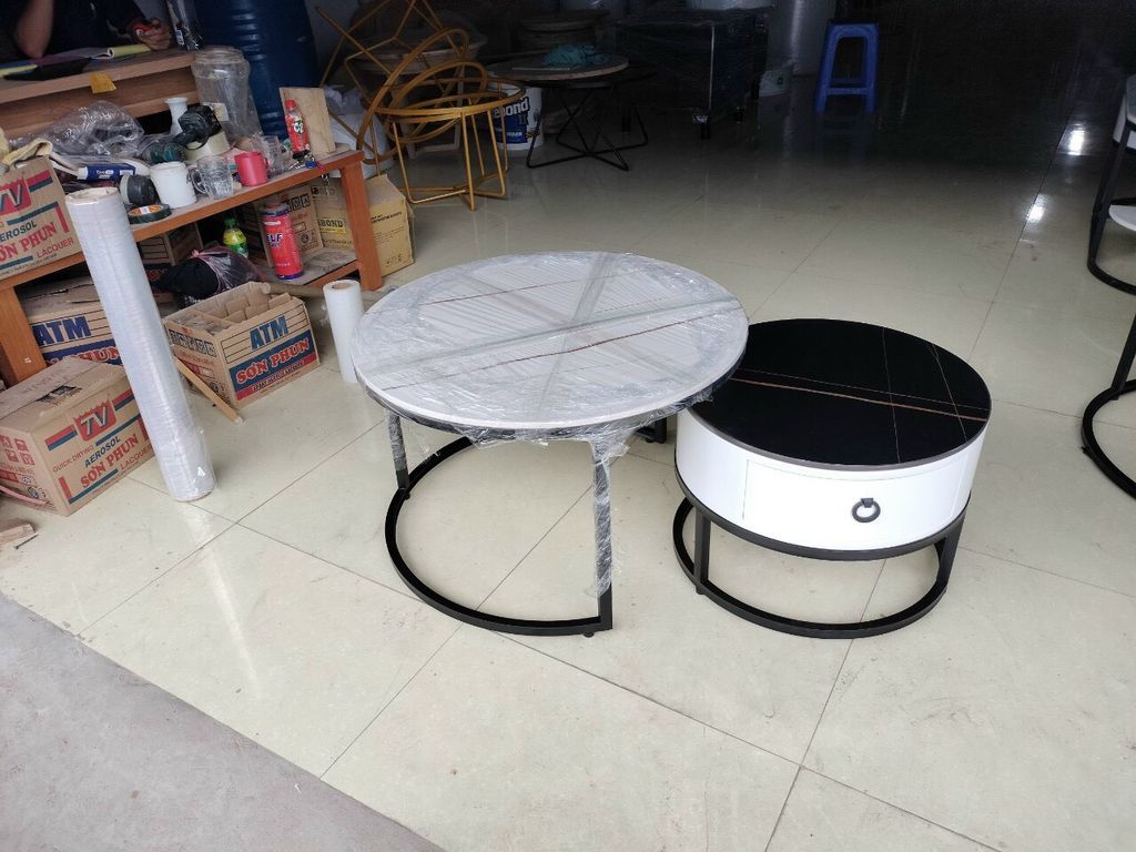 Bàn Trà Cặp Tròn Hộp Chân Sắt Mặt Ceramic - BT07