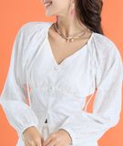  Áo kiểu tay phồng phối hạt gỗ 