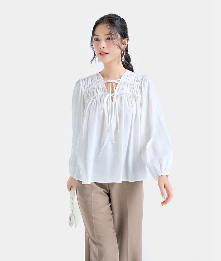  Áo tay dài rút nhún cổ 