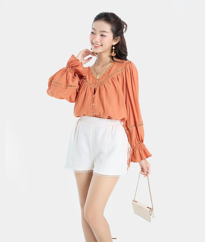  Quần short phối thun eo ren lai 