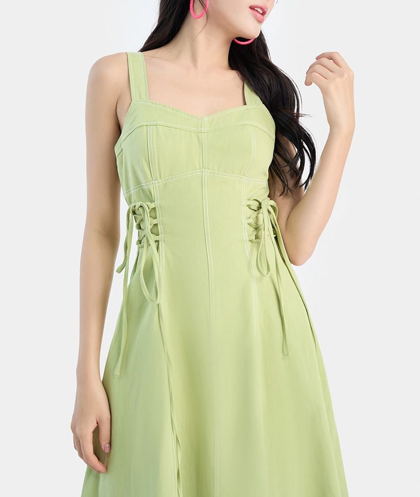  Đầm midi 2 dây luồn dây sườn 