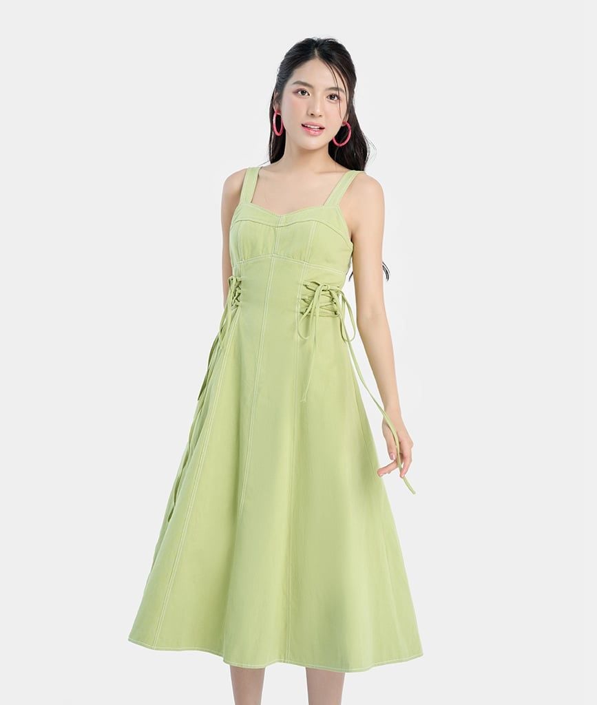  Đầm midi 2 dây luồn dây sườn 