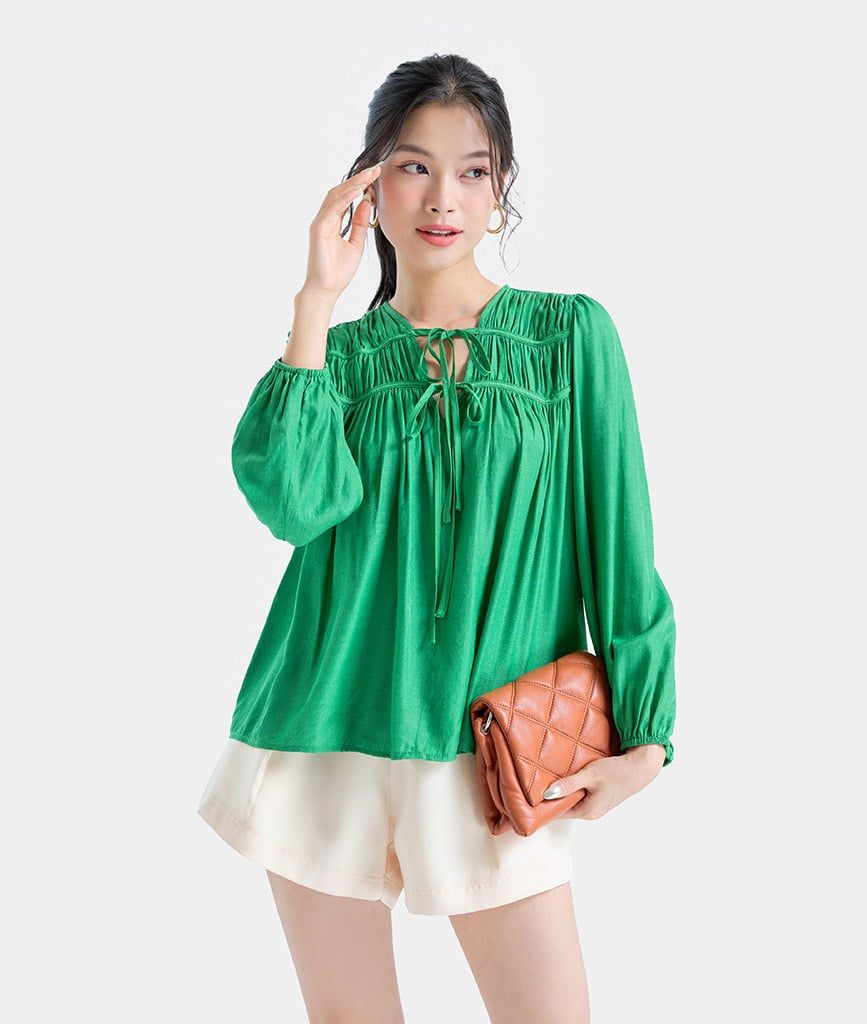  Áo tay dài rút nhún cổ 