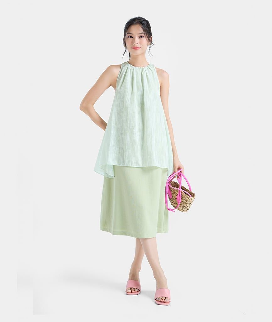  Đầm lửng phối vải kiểu yếm 