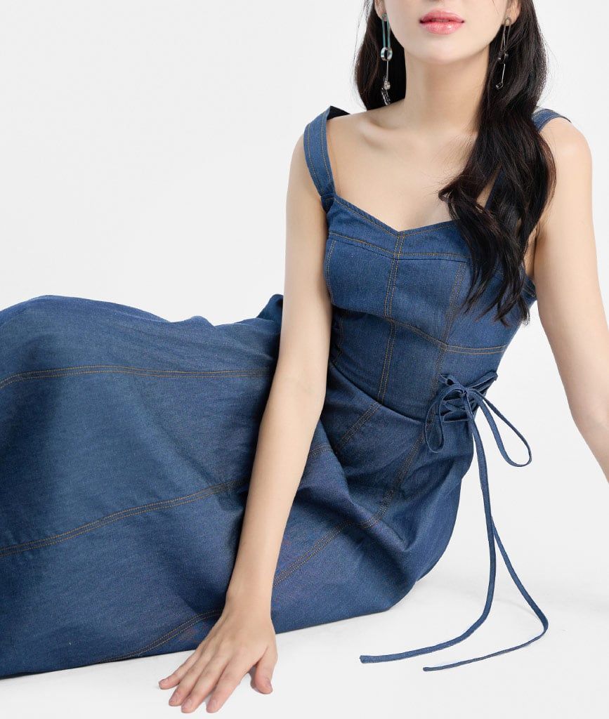  Đầm midi 2 dây luồn dây sườn 