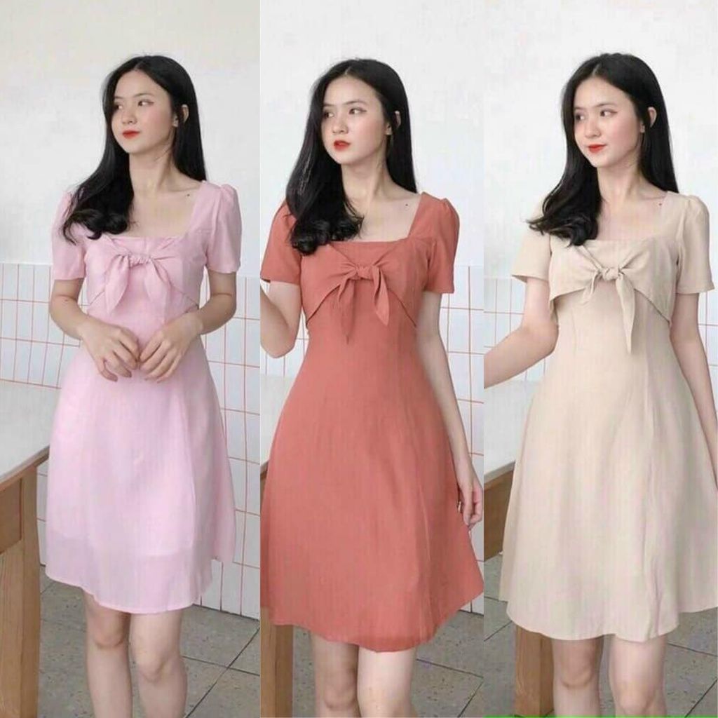 Đầm cổ tròn in hoa màu hồng cam  ANNCOMVN