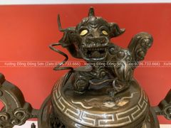 Bộ Ngũ Sự Bằng Đồng Đỏ Khảm Tam Khí Vàng Song Long Chầu Nguyệt Cao 60 Cm