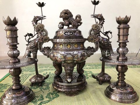 Bộ Ngũ Sự Bằng Đồng Đỏ Khảm Ngũ Sắc Song Long Chầu Nguyệt Cao 60 Cm