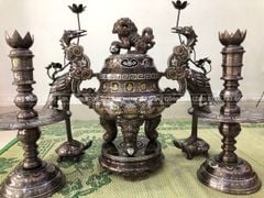 Bộ Ngũ Sự Bằng Đồng Đỏ Khảm Ngũ Sắc Song Long Chầu Nguyệt Cao 60 Cm