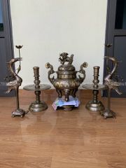 Bộ Ngũ Sự Bằng Đồng Đỏ Khảm Tam Khí Vàng Song Long Chầu Nguyệt Cao 60 Cm