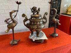 Bộ Ngũ Sự Bằng Đồng Đỏ Khảm Tam Khí Song Long Chầu Nguyệt Cao 50 Cm