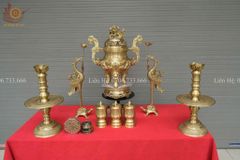 Bộ Ngũ Sự Bằng Đồng Vàng Song Long Chầu Nguyệt Cao 60 Cm+ Ba Đài