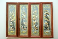 Tranh Tứ Quý Bằng Đồng Vàng nền bạc Kích Thước 120*40 Cm