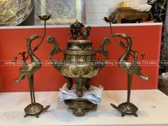 Bộ Ngũ Sự Bằng Đồng Đỏ Khảm Tam Khí Vàng Song Long Chầu Nguyệt Cao 60 Cm