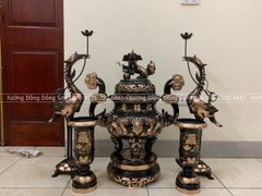 Bộ Ngũ Sự Bằng Đồng Đỏ Phớt Nỉ Song Long Chầu Nguyệt Cao 50 Cm