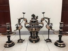 Bộ Ngũ Sự Bằng Đồng Đỏ Phớt Nỉ Song Long Chầu Nguyệt Cao 50 Cm