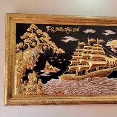 Tranh Đồng Thuận Buồm Xuôi Gió Nền Đen Mạ Điểm Vàng Bạc Khung Đồng Kích Thước 2m31x1m27
