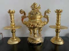 Bộ Đỉnh Đồng Ngũ Sự Đồng Dát Vàng Song Long Chầu Nguyệt Cao 60 Cm