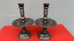 Bộ Ngũ Sự Bằng Đồng Đỏ Khảm Tam Khí Song Long Chầu Nguyệt Cao 60 Cm