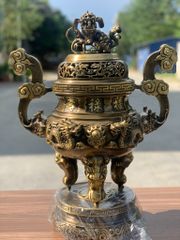 Bộ Ngũ Sự Bằng Đồng Vàng Song Long Chầu Nguyệt Màu Hai Công Nghệ Cao 60 Cm