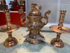 Bộ Tam Sự Nến Bằng Đồng Đỏ Song Long Chấu Nguyệt Cao 50 Cm