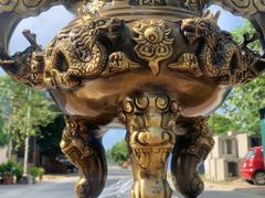 Bộ Ngũ Sự Bằng Đồng Vàng Song Long Chầu Nguyệt Màu Hai Công Nghệ Cao 60 Cm