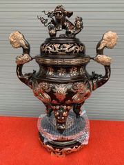 Bộ Đỉnh Đồng Ngũ Sự Đồng Đỏ Phớt Nỉ Nguyên Khối Song Long Chầu Nguyệt Cao 60 Cm