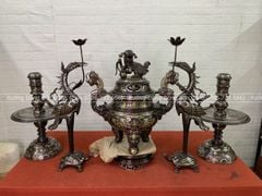 Bộ Ngũ Sự Bằng Đồng Đỏ Khảm Ngũ Sắc Song Long Chầu Nguyệt Cao 60 Cm