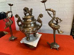 Bộ Ngũ Sự Bằng Đồng Đỏ Khảm Tam Khí Song Long Chầu Nguyệt Cao 50 Cm