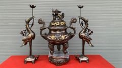 Bộ Ngũ Sự Bằng Đồng Đỏ Khảm Tam Khí Song Long Chầu Nguyệt Cao 60 Cm