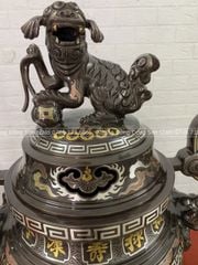 Bộ Đỉnh Đồng Ngũ Sự Đồng Đỏ Khảm Ngũ Sắc Song Long Chầu Nguyệt Cao 50 Cm