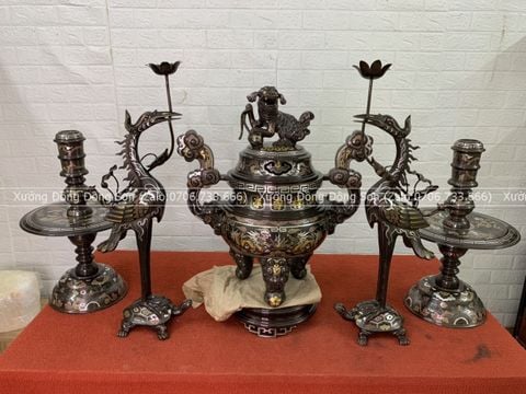 Bộ Đỉnh Đồng Ngũ Sự Đồng Đỏ Khảm Ngũ Sắc Song Long Chầu Nguyệt Cao 50 Cm