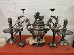 Bộ Đỉnh Đồng Ngũ Sự Đồng Đỏ Khảm Ngũ Sắc Song Long Chầu Nguyệt Cao 50 Cm