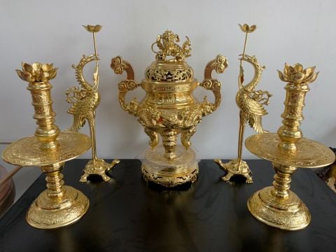 Bộ Đỉnh Đồng Ngũ Sự Đồng Dát Vàng Song Long Chầu Nguyệt Cao 60 Cm